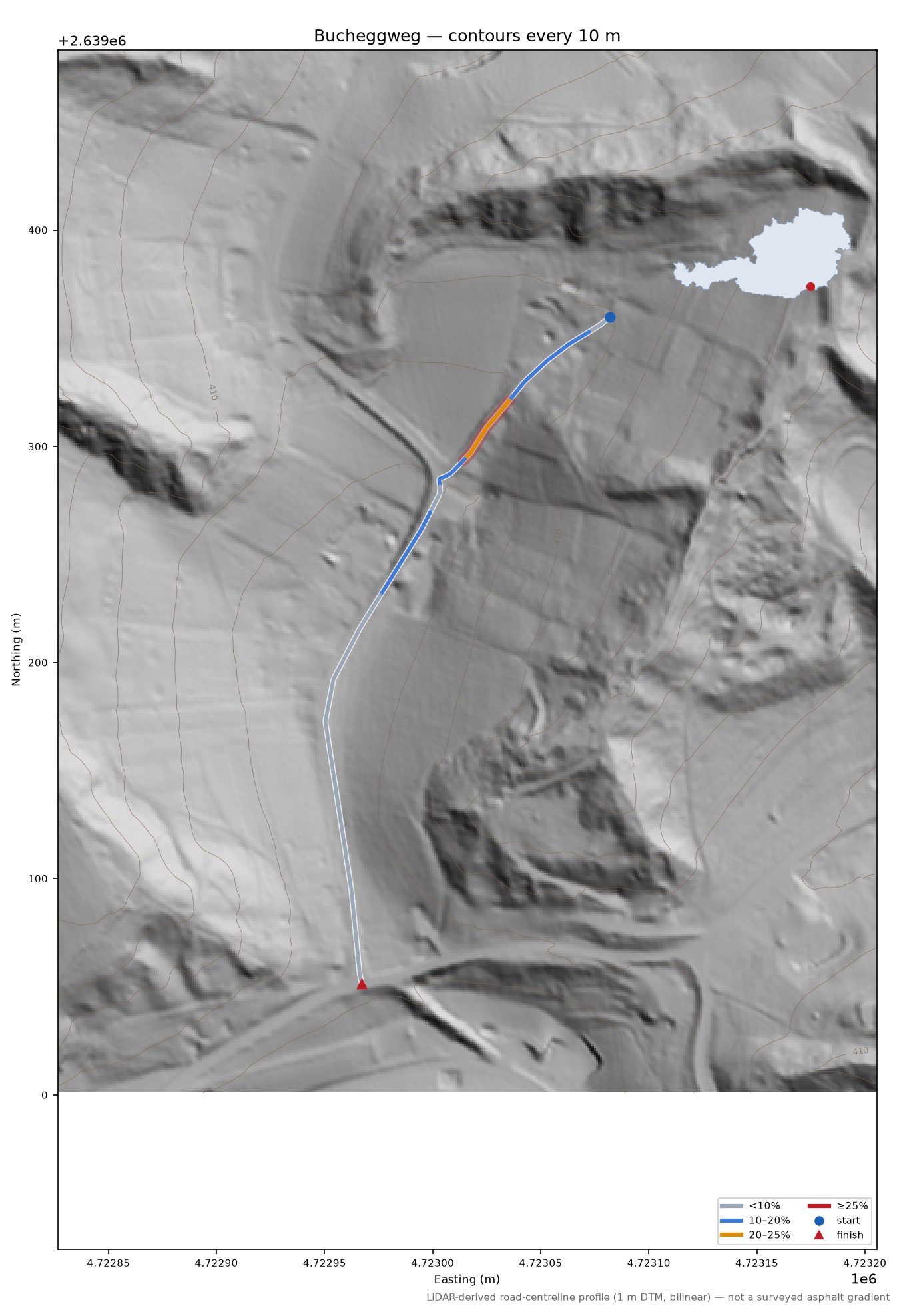 Bucheggweg LiDAR hillshade map with contours