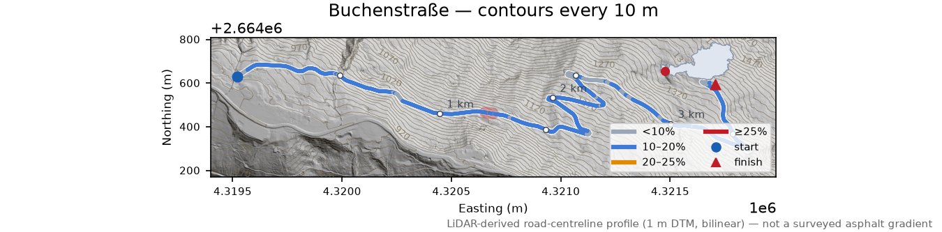 Buchenstraße LiDAR hillshade map with contours