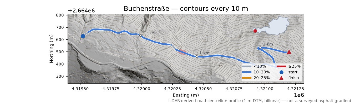 Buchenstraße LiDAR hillshade map with contours