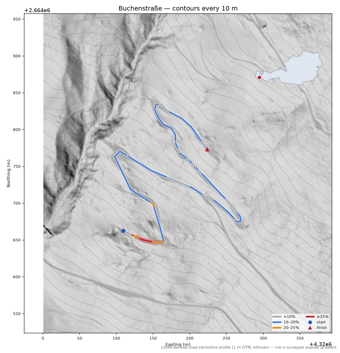 Buchenstraße LiDAR hillshade map with contours