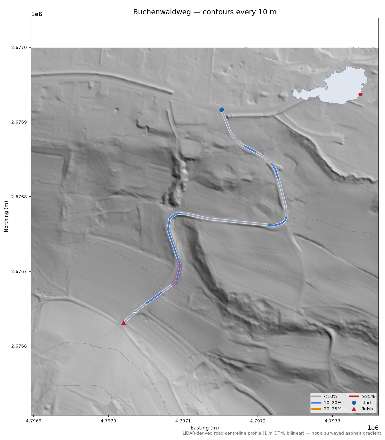 Buchenwaldweg LiDAR hillshade map with contours