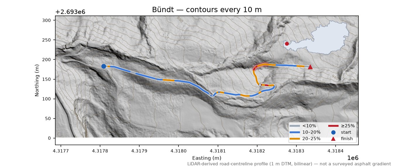 Bündt LiDAR hillshade map with contours