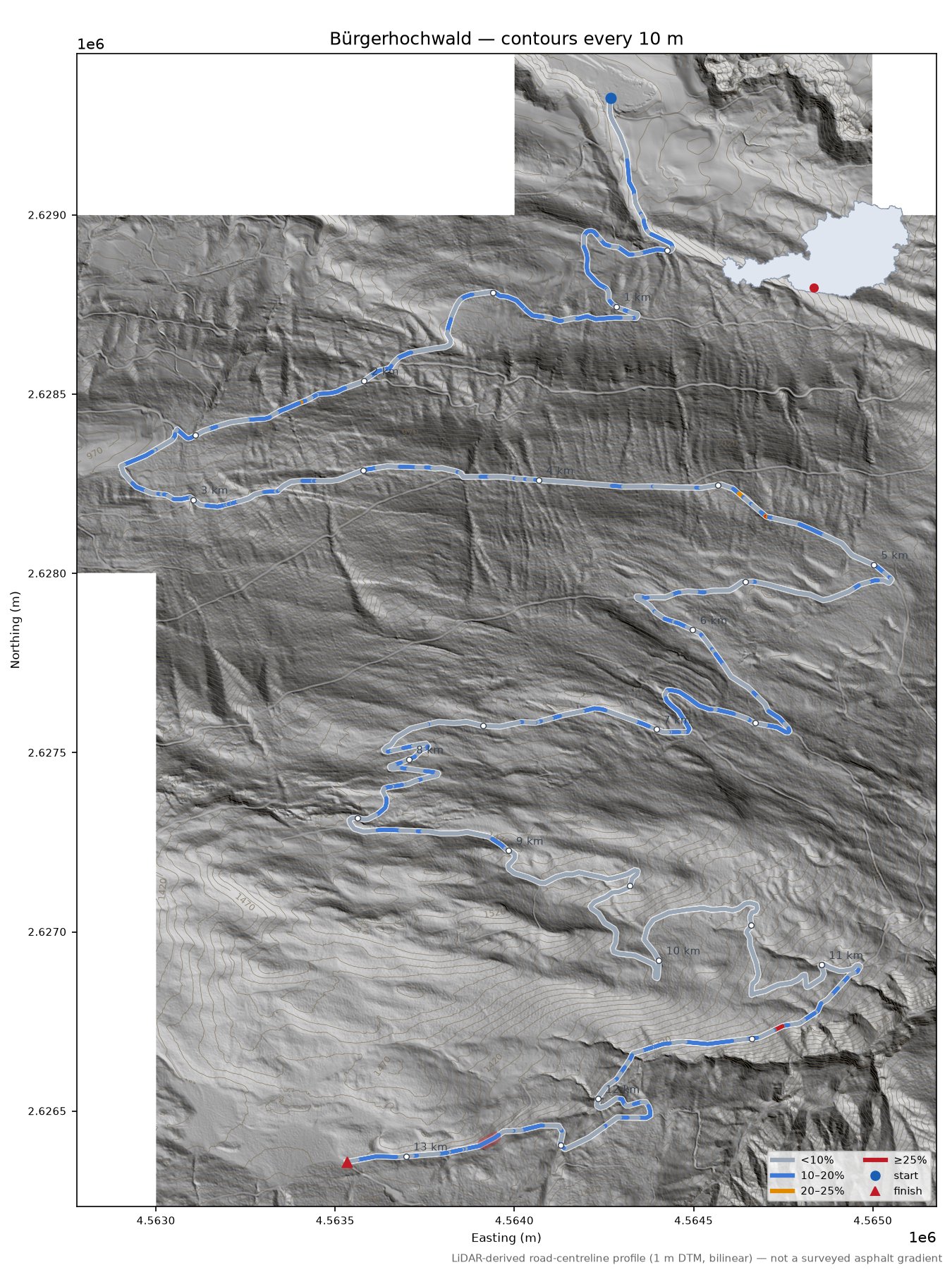 Bürgerhochwald LiDAR hillshade map with contours