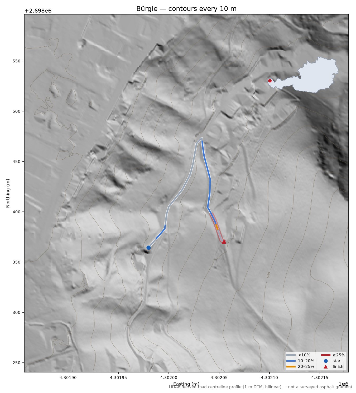 Bürgle LiDAR hillshade map with contours