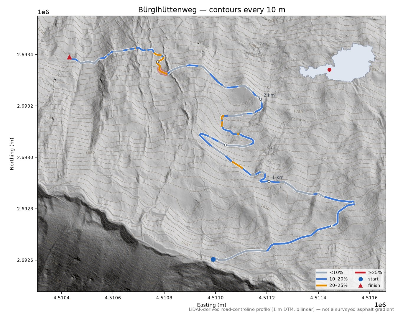 Bürglhüttenweg LiDAR hillshade map with contours