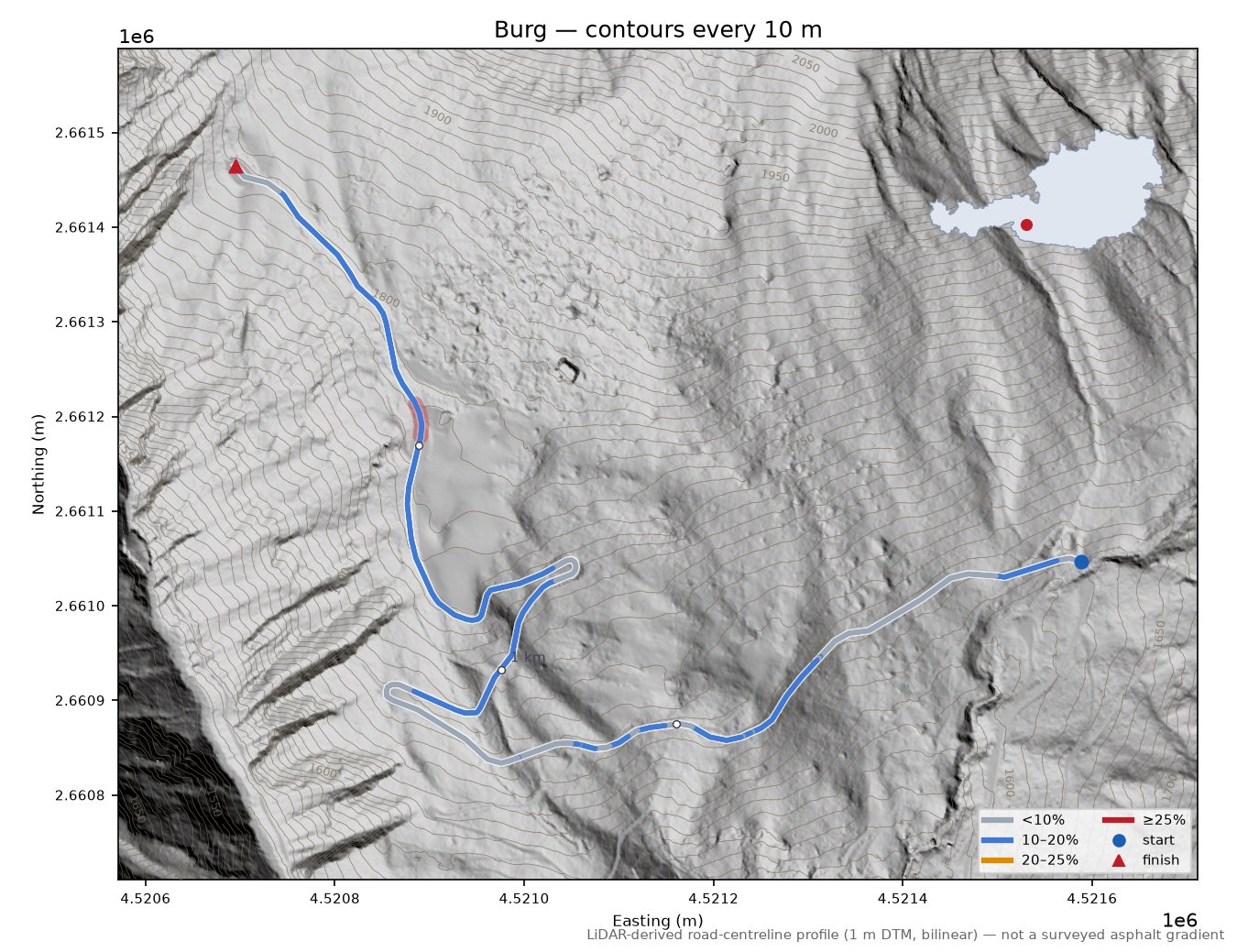 Burg LiDAR hillshade map with contours