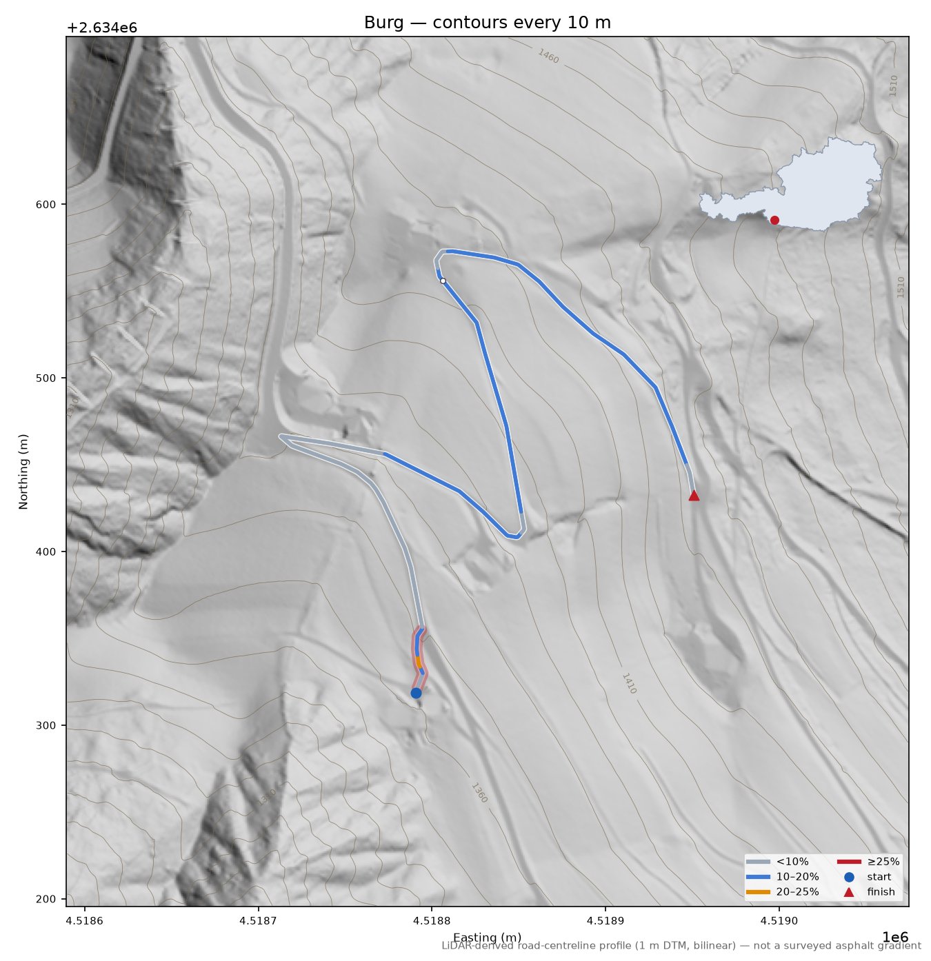 Burg LiDAR hillshade map with contours