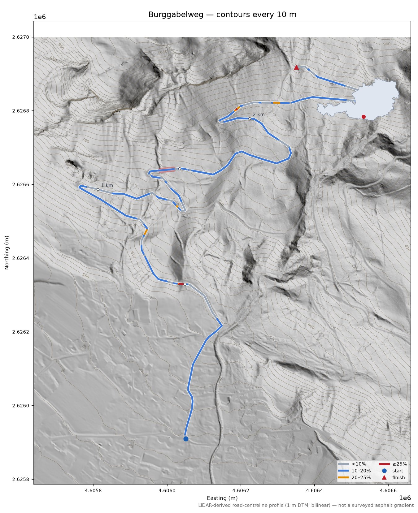 Burggabelweg LiDAR hillshade map with contours