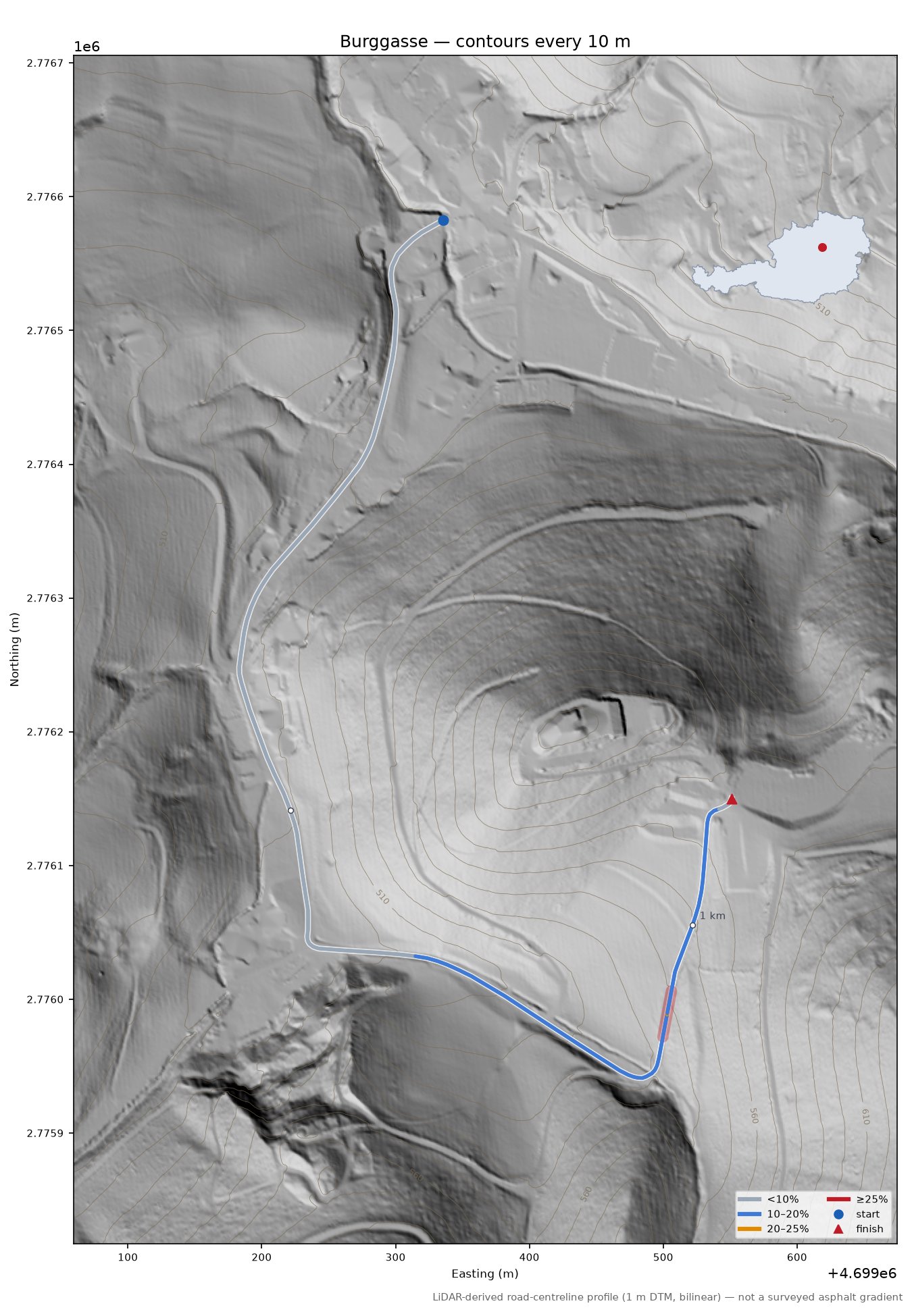 Burggasse LiDAR hillshade map with contours
