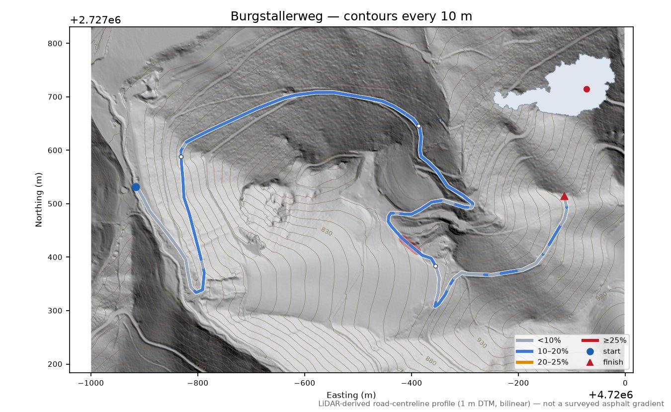 Burgstallerweg LiDAR hillshade map with contours