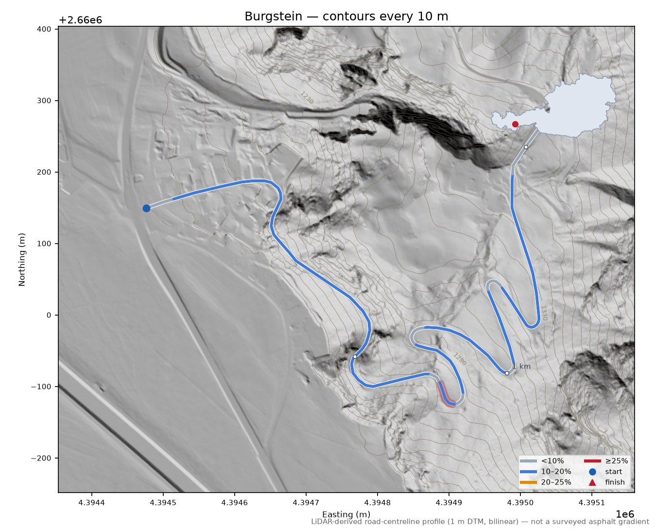 Burgstein LiDAR hillshade map with contours