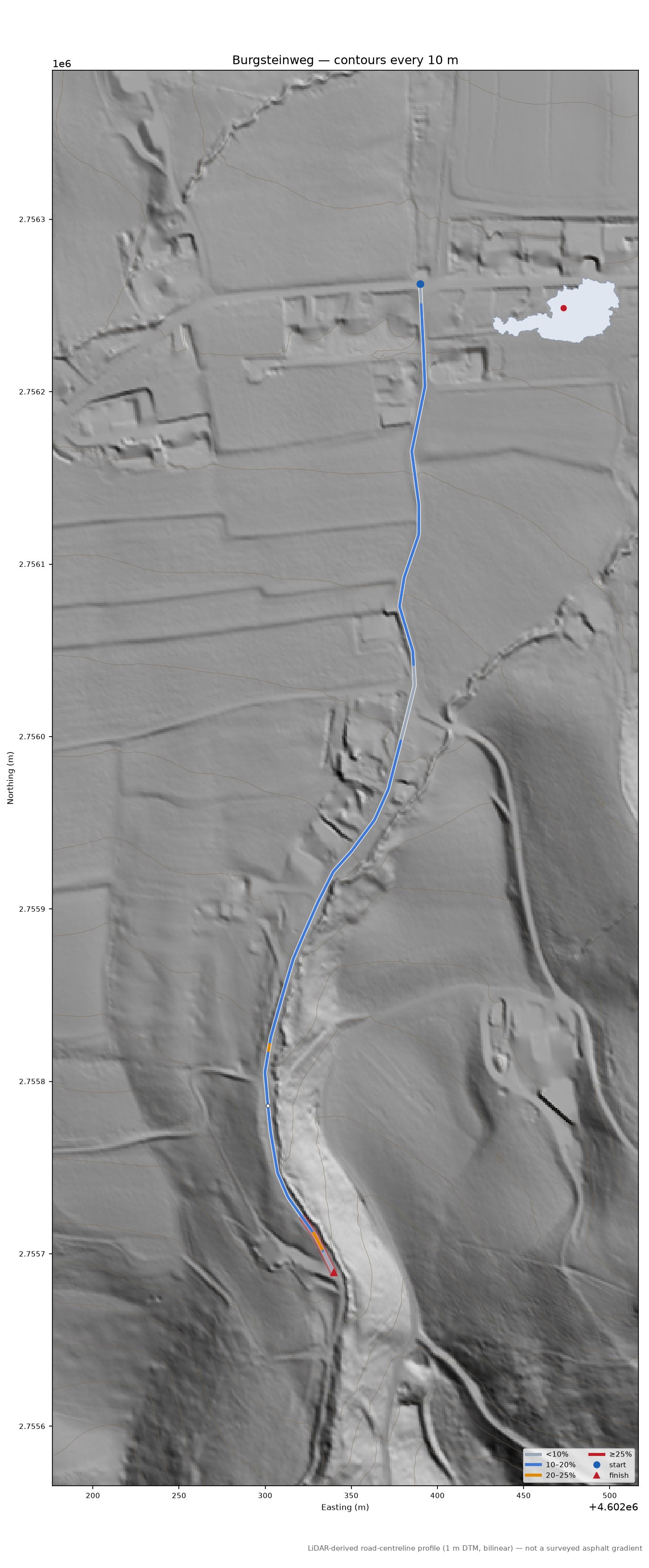 Burgsteinweg LiDAR hillshade map with contours