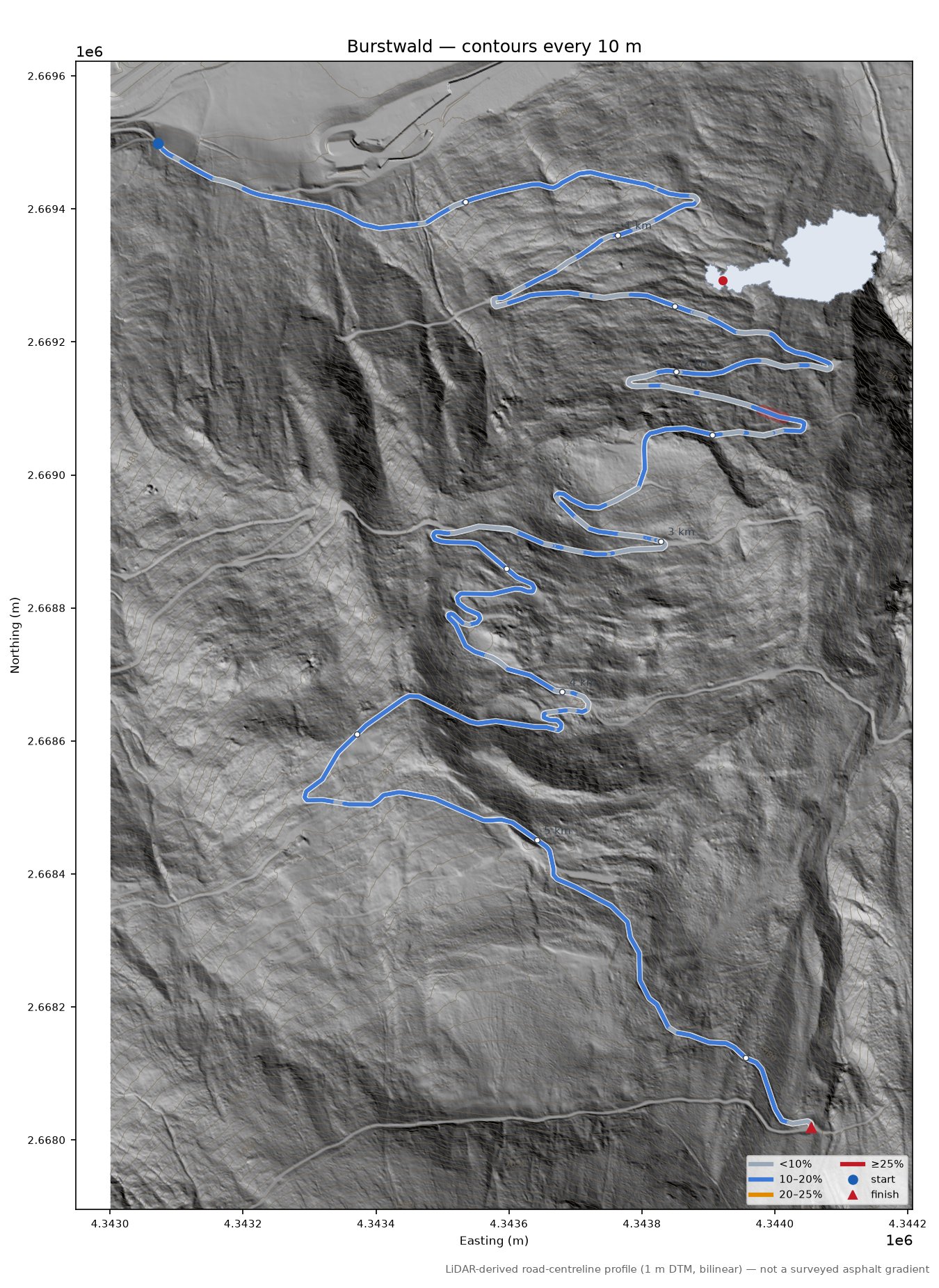 Burstwald LiDAR hillshade map with contours