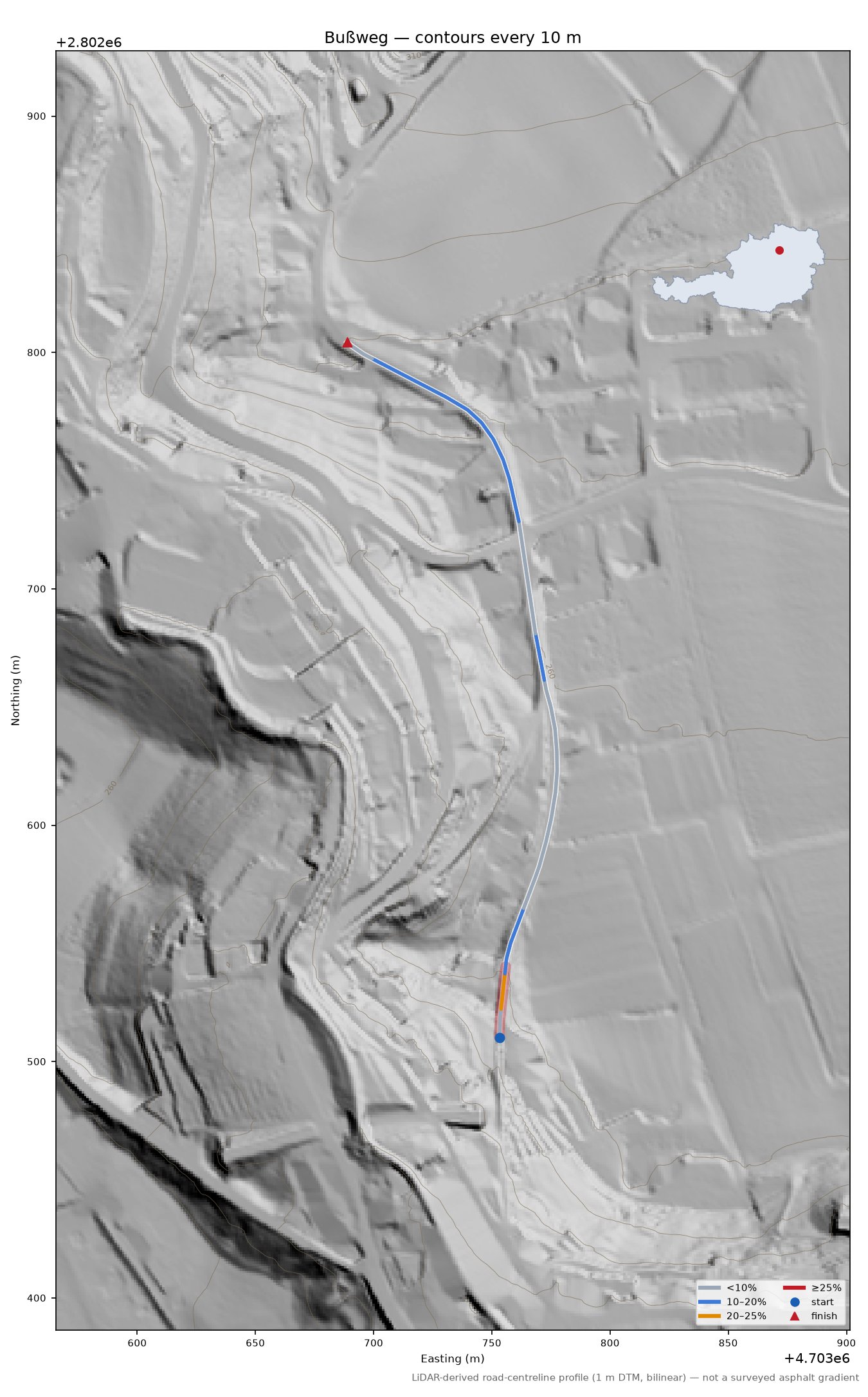 Bußweg LiDAR hillshade map with contours