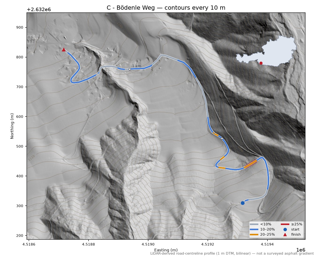 C - Bödenle Weg LiDAR hillshade map with contours