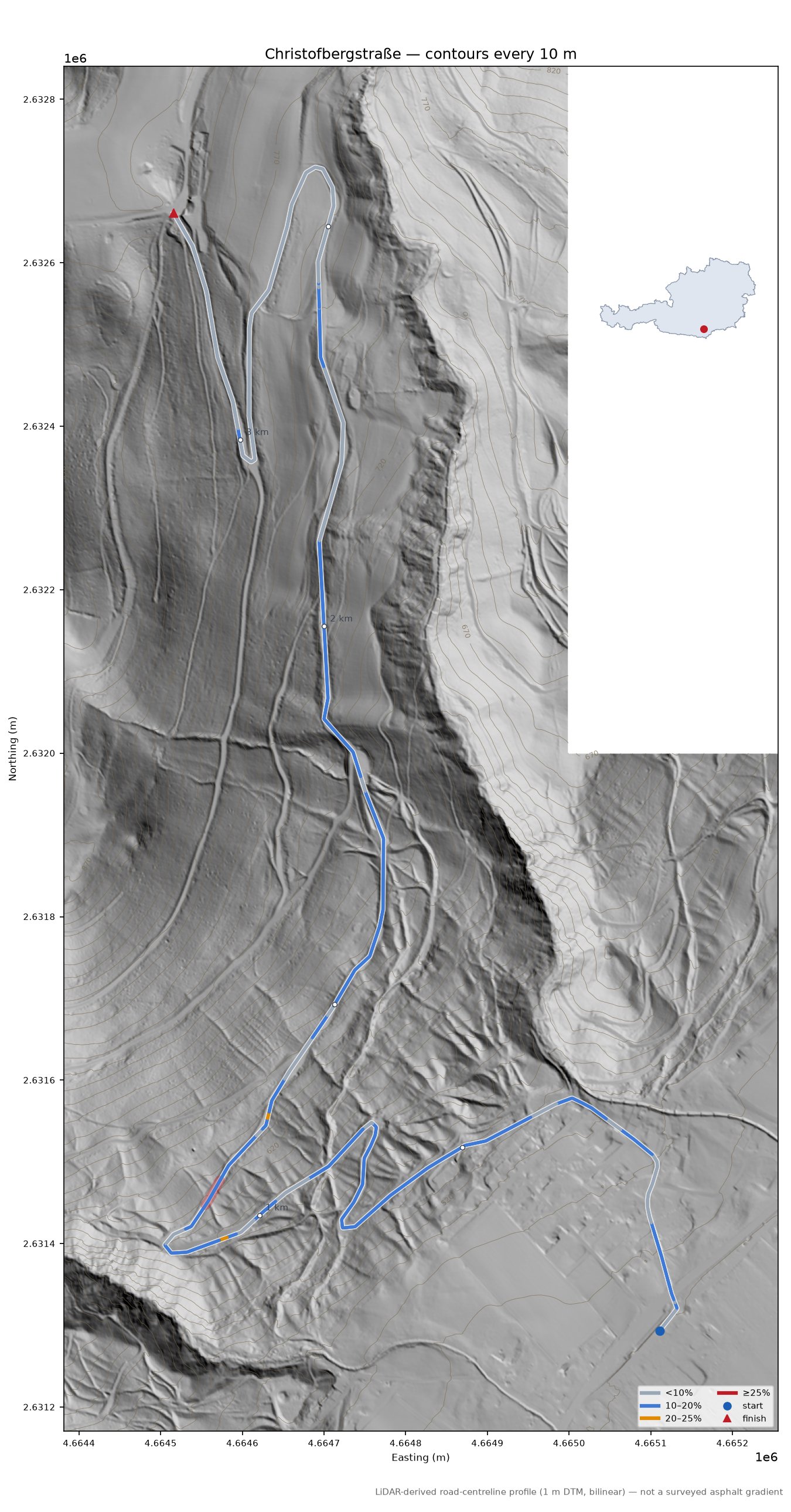 Christofbergstraße LiDAR hillshade map with contours