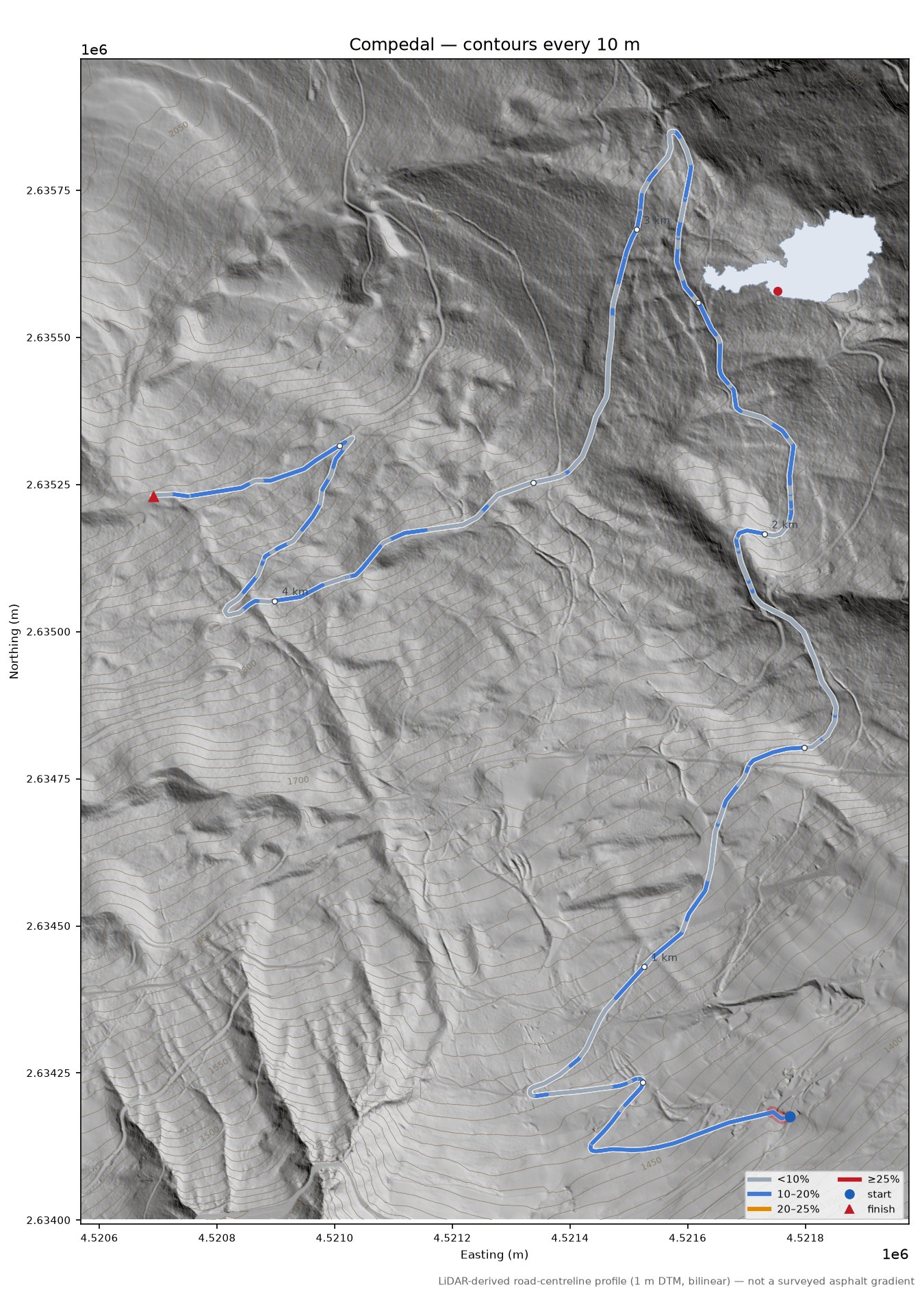 Compedal LiDAR hillshade map with contours