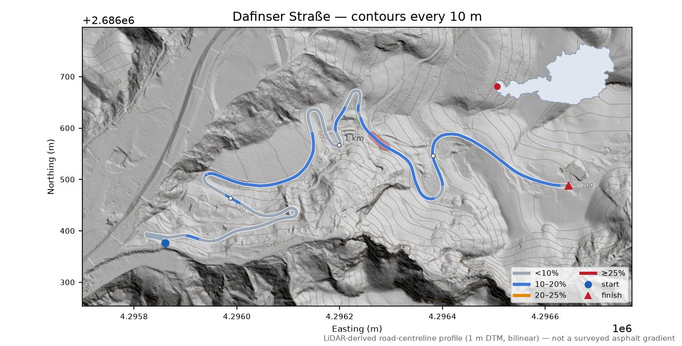 Dafinser Straße LiDAR hillshade map with contours