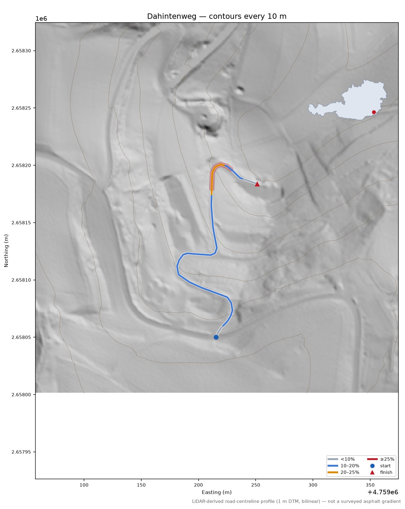 Dahintenweg LiDAR hillshade map with contours