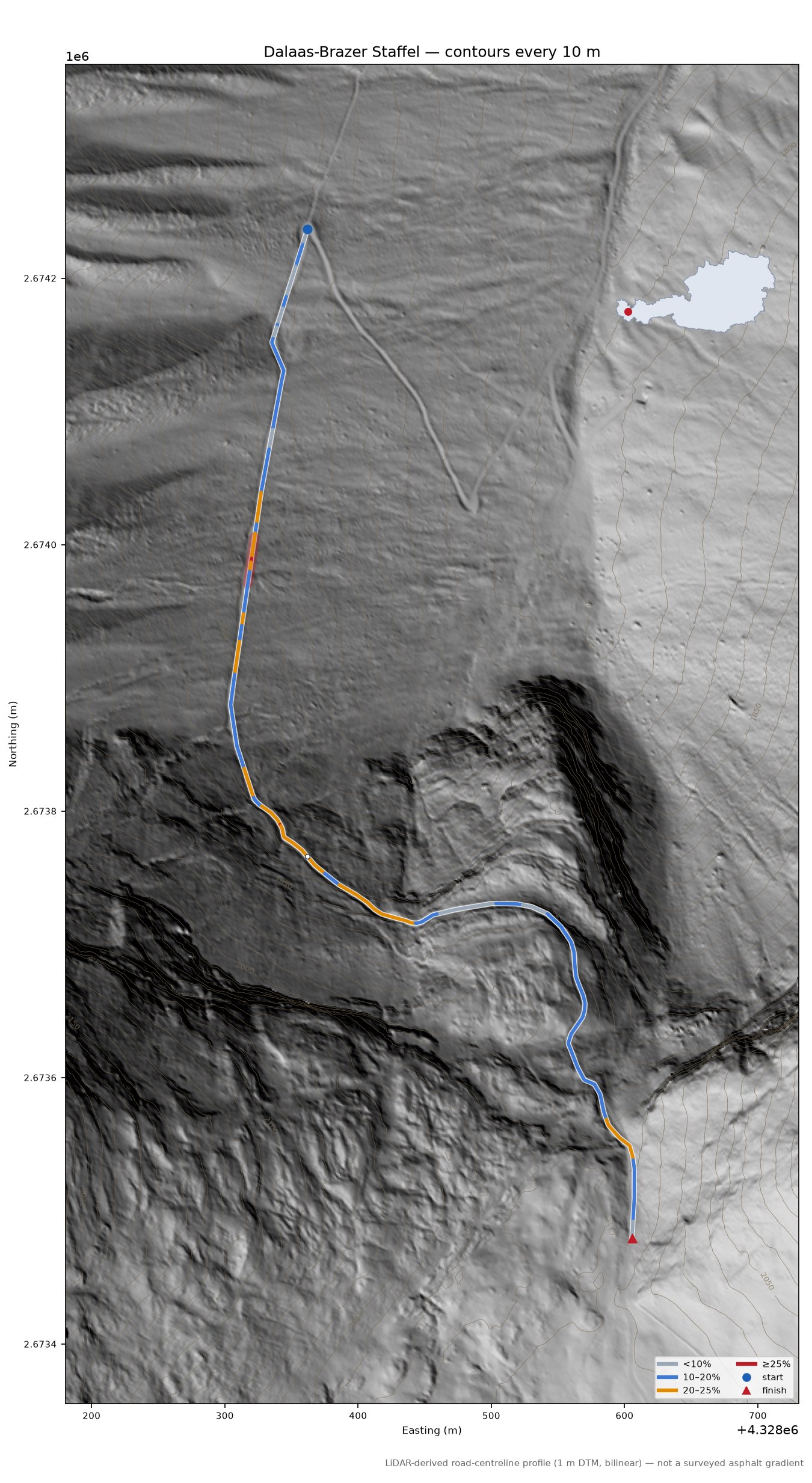 Dalaas-Brazer Staffel LiDAR hillshade map with contours