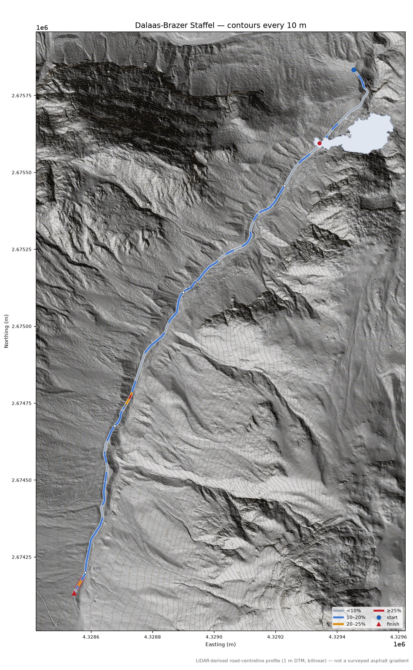 Dalaas-Brazer Staffel LiDAR hillshade map with contours