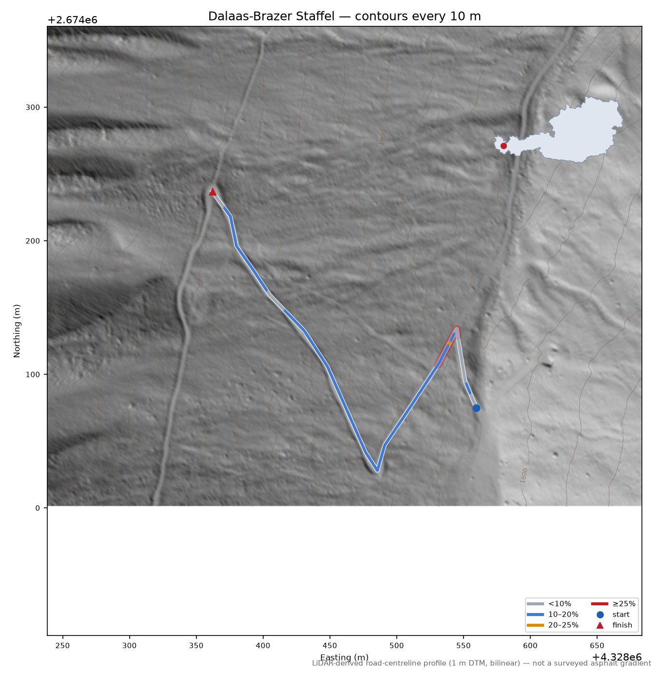 Dalaas-Brazer Staffel LiDAR hillshade map with contours