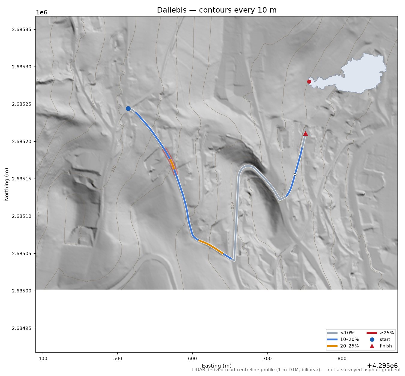 Daliebis LiDAR hillshade map with contours