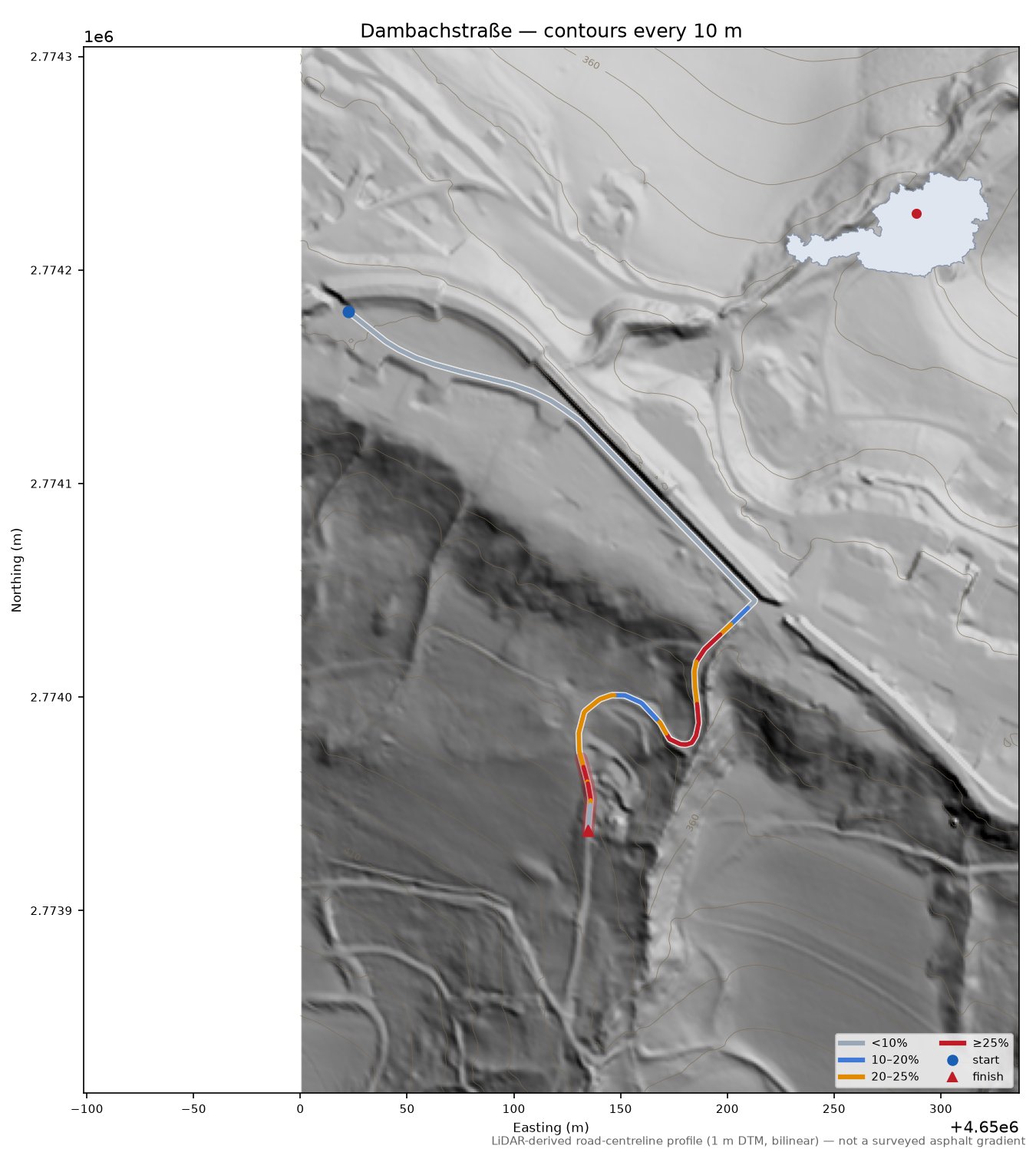 Dambachstraße LiDAR hillshade map with contours