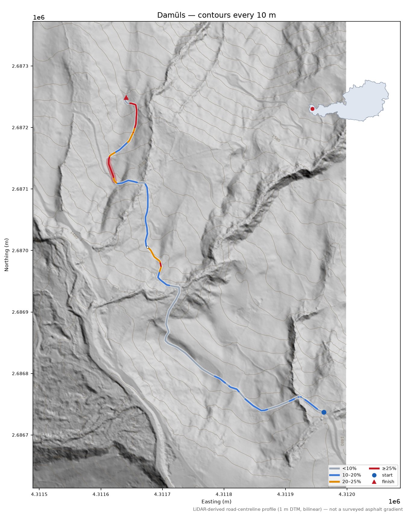 Damüls LiDAR hillshade map with contours