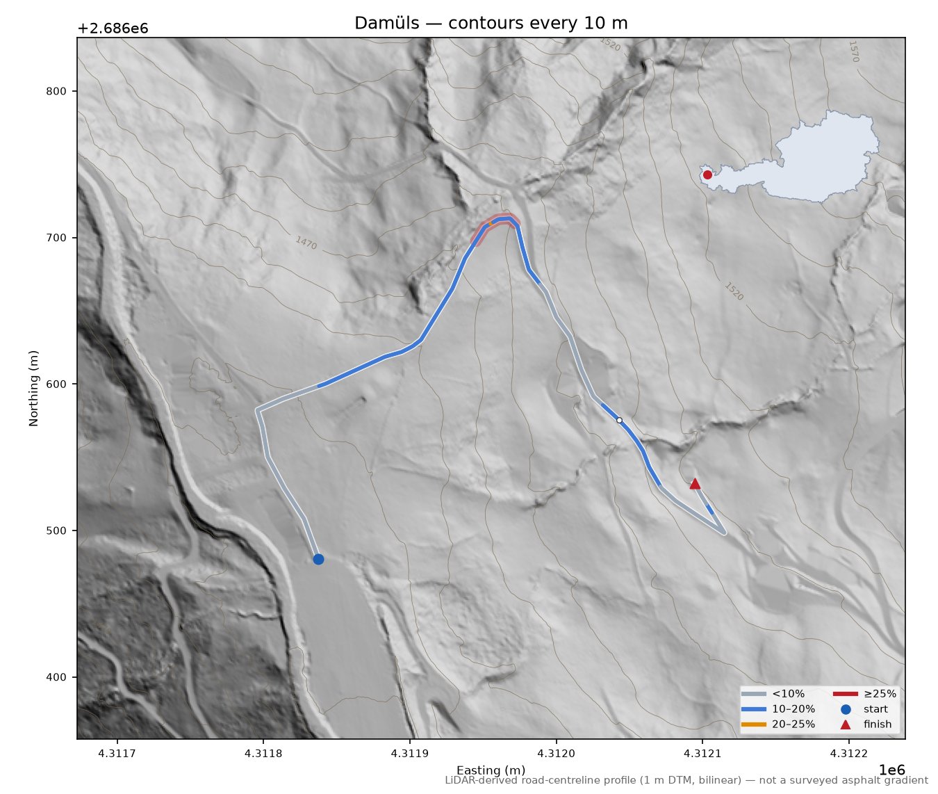 Damüls LiDAR hillshade map with contours