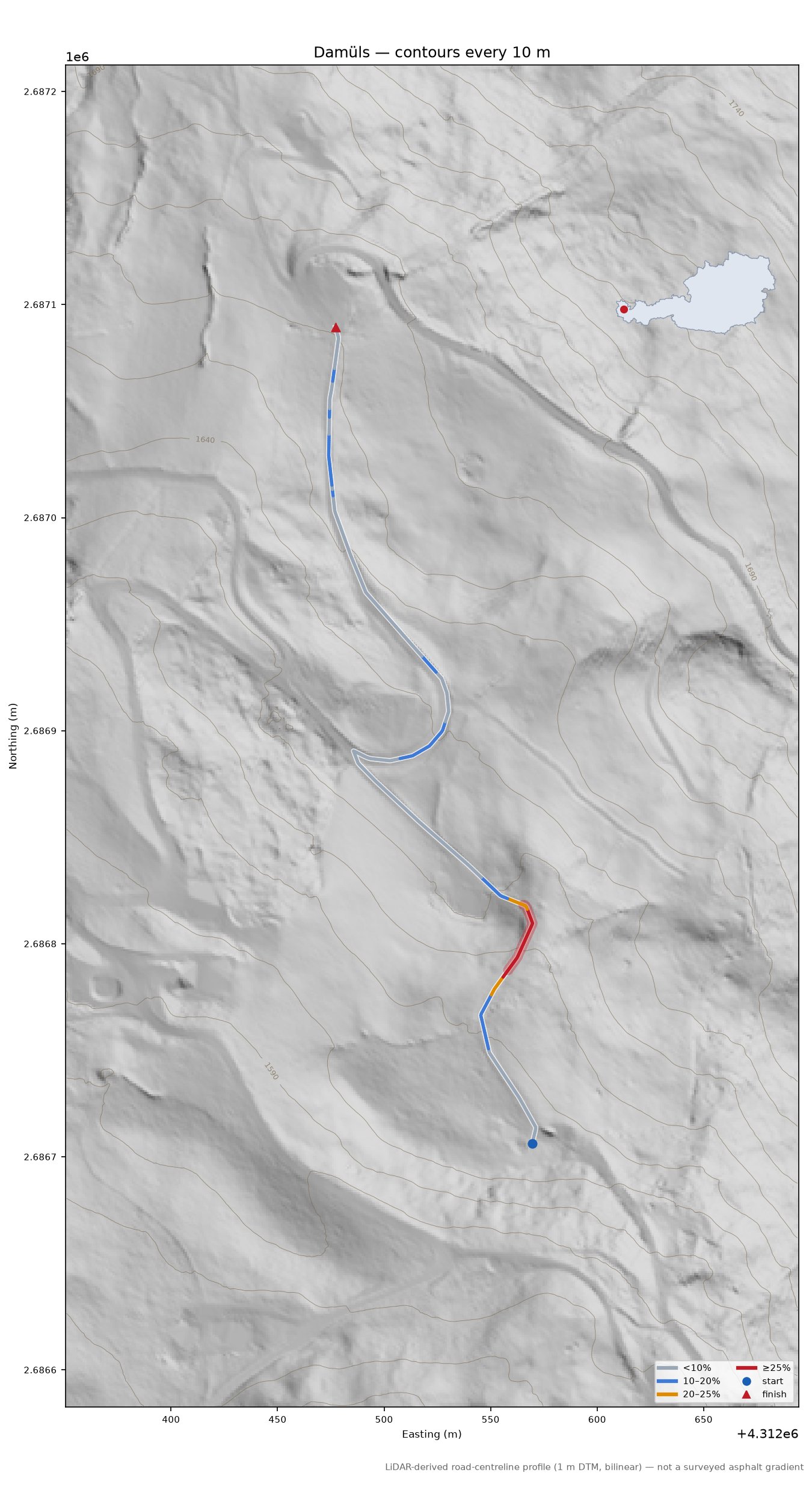 Damüls LiDAR hillshade map with contours
