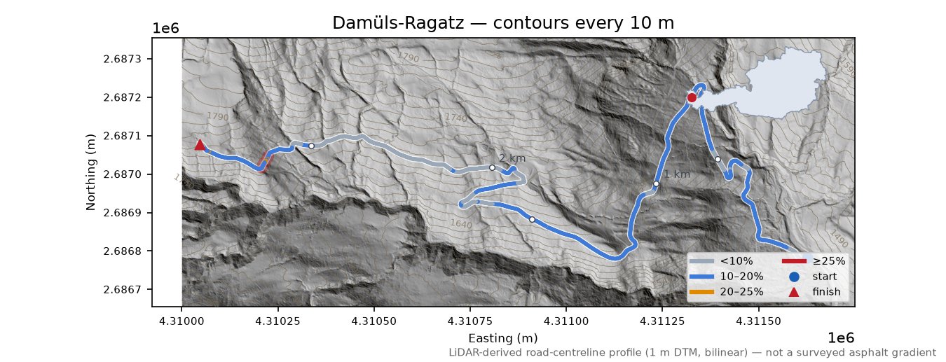 Damüls-Ragatz LiDAR hillshade map with contours
