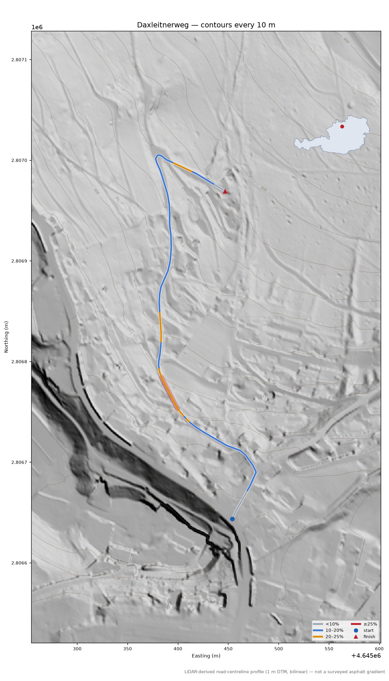 Daxleitnerweg LiDAR hillshade map with contours
