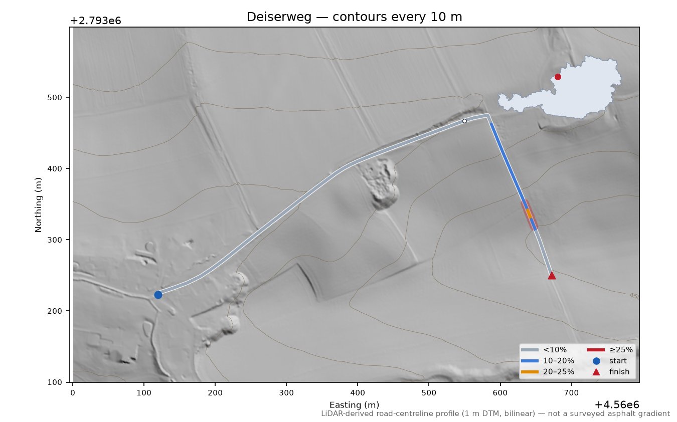 Deiserweg LiDAR hillshade map with contours