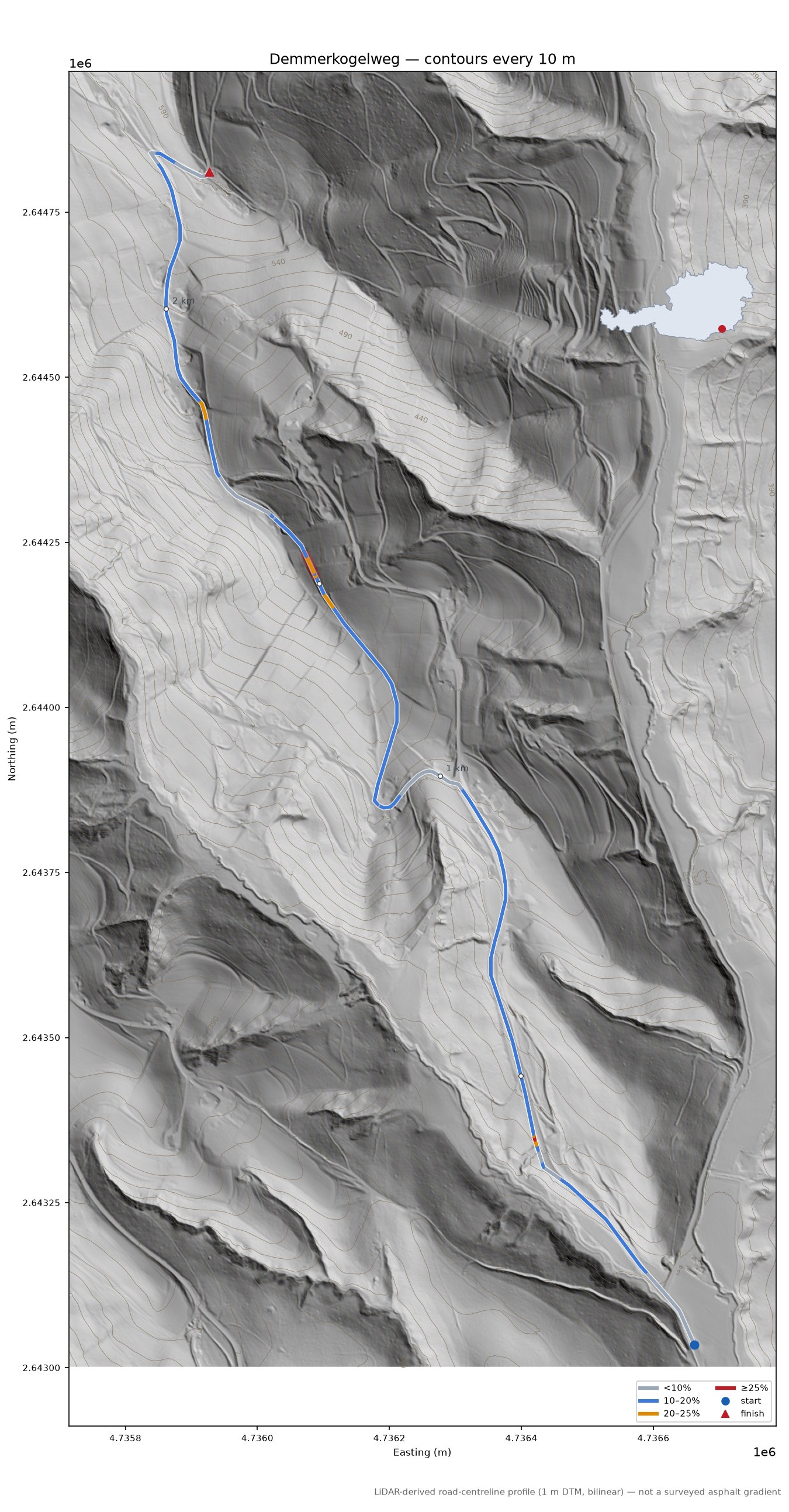 Demmerkogelweg LiDAR hillshade map with contours
