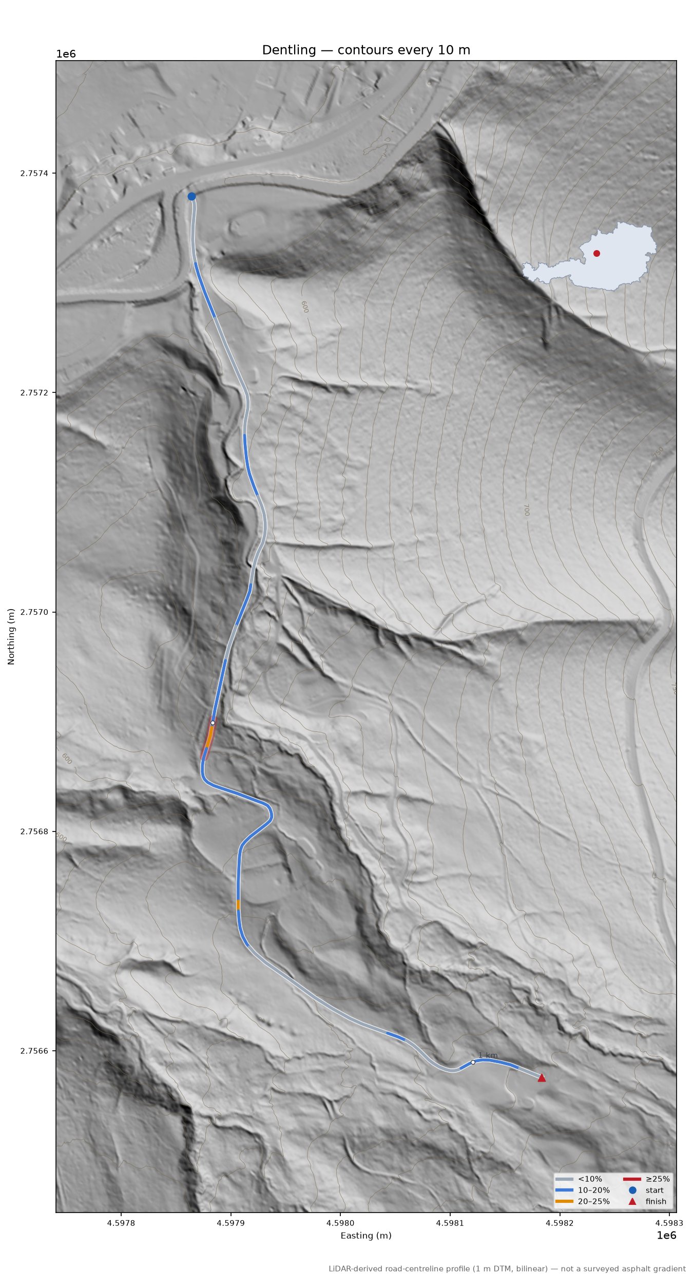 Dentling LiDAR hillshade map with contours