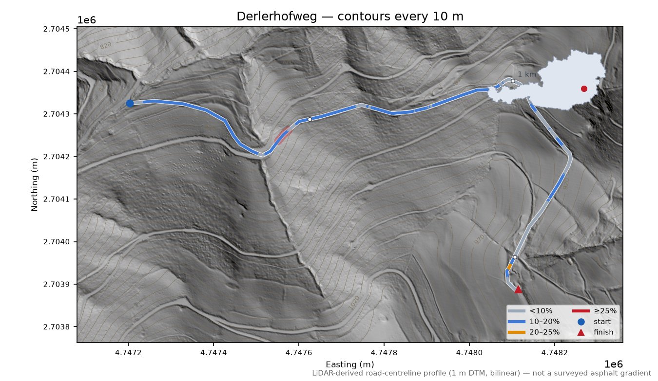 Derlerhofweg LiDAR hillshade map with contours