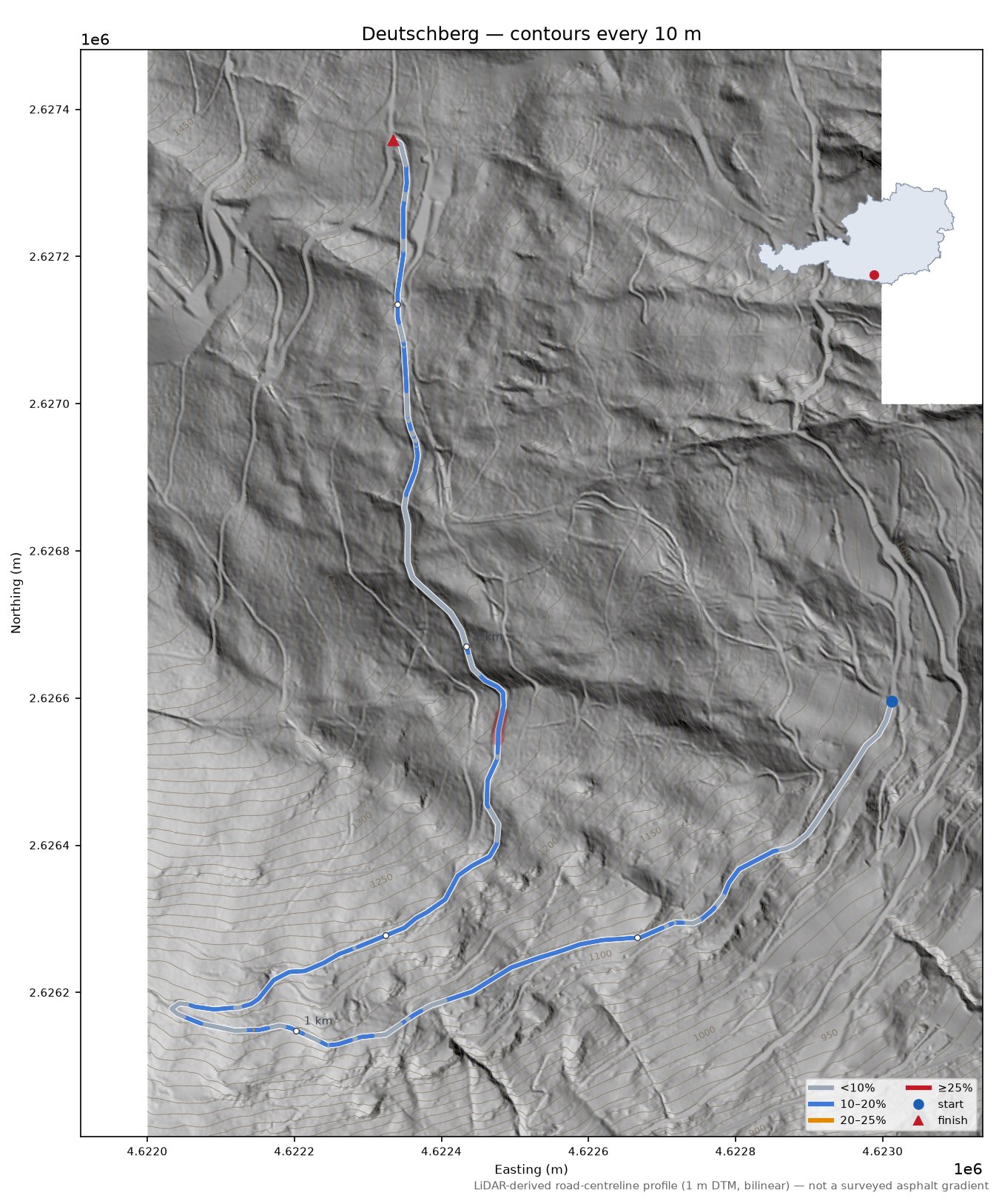 Deutschberg LiDAR hillshade map with contours