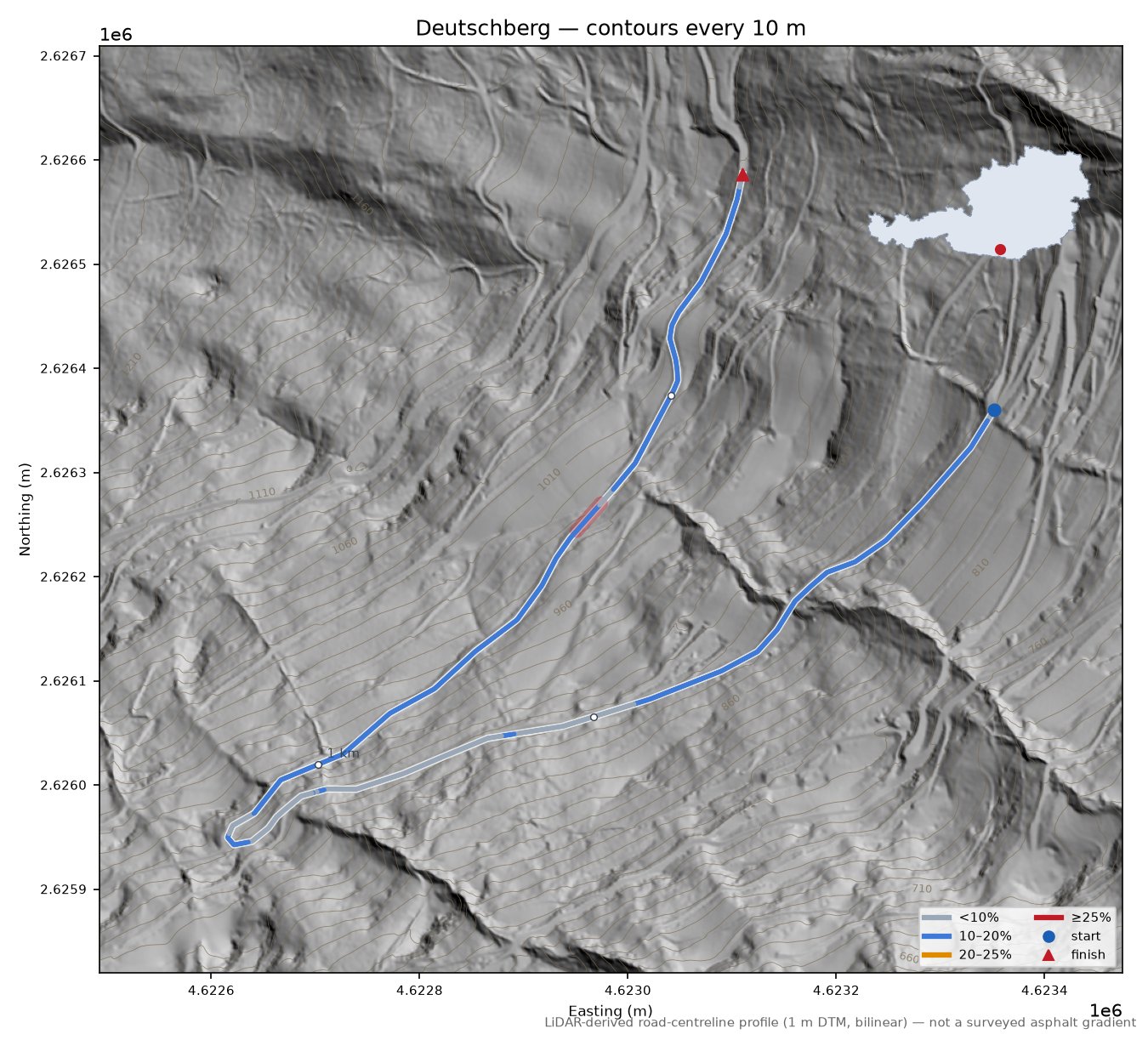 Deutschberg LiDAR hillshade map with contours