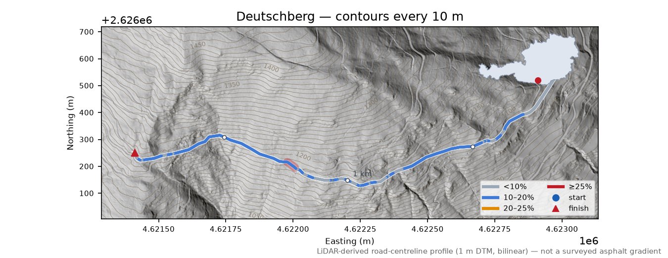 Deutschberg LiDAR hillshade map with contours