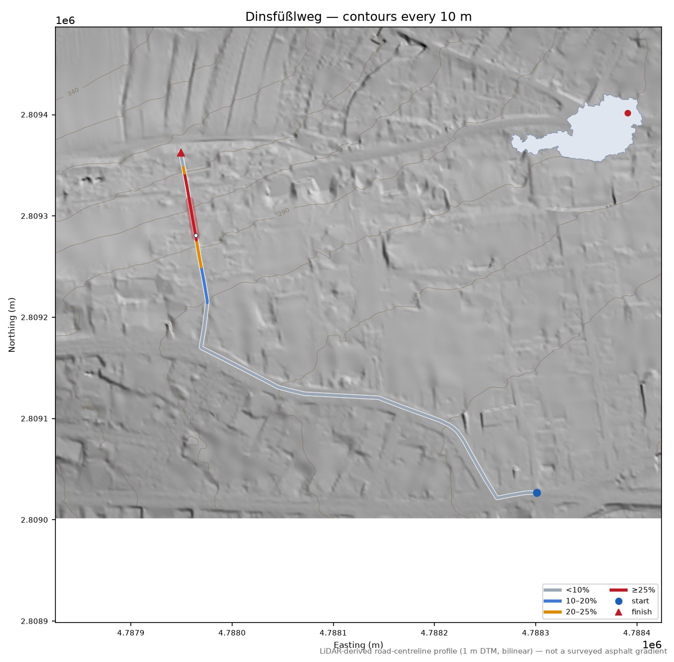 Dinsfüßlweg LiDAR hillshade map with contours