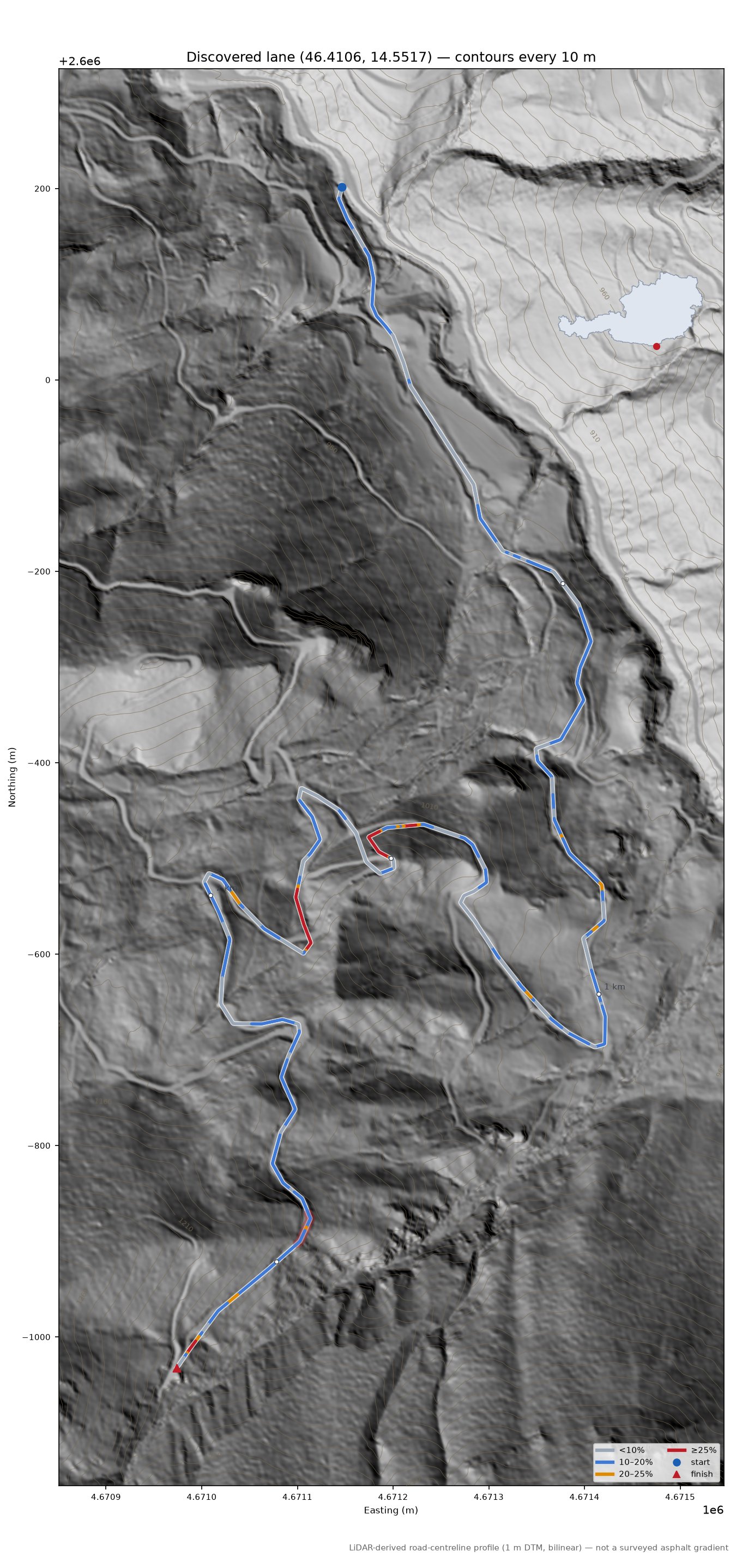Discovered lane (46.4106, 14.5517) LiDAR hillshade map with contours