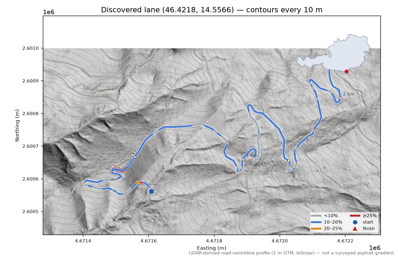 Discovered lane (46.4218, 14.5566) LiDAR hillshade map with contours