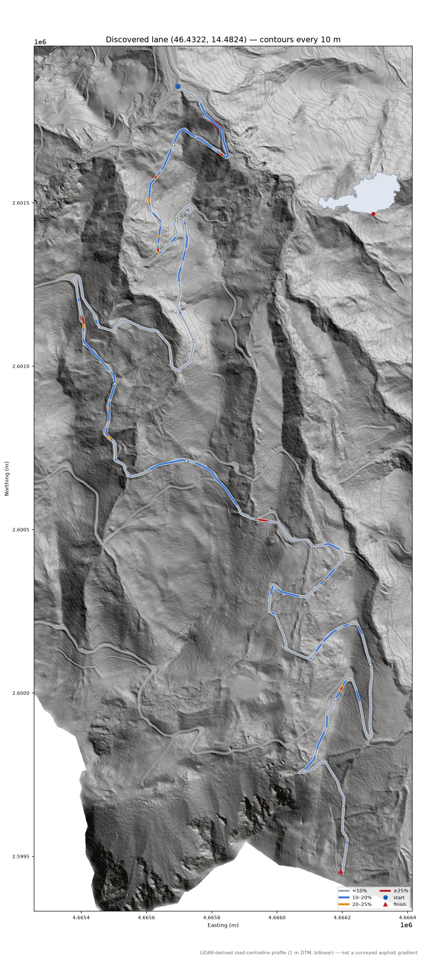 Discovered lane (46.4322, 14.4824) LiDAR hillshade map with contours