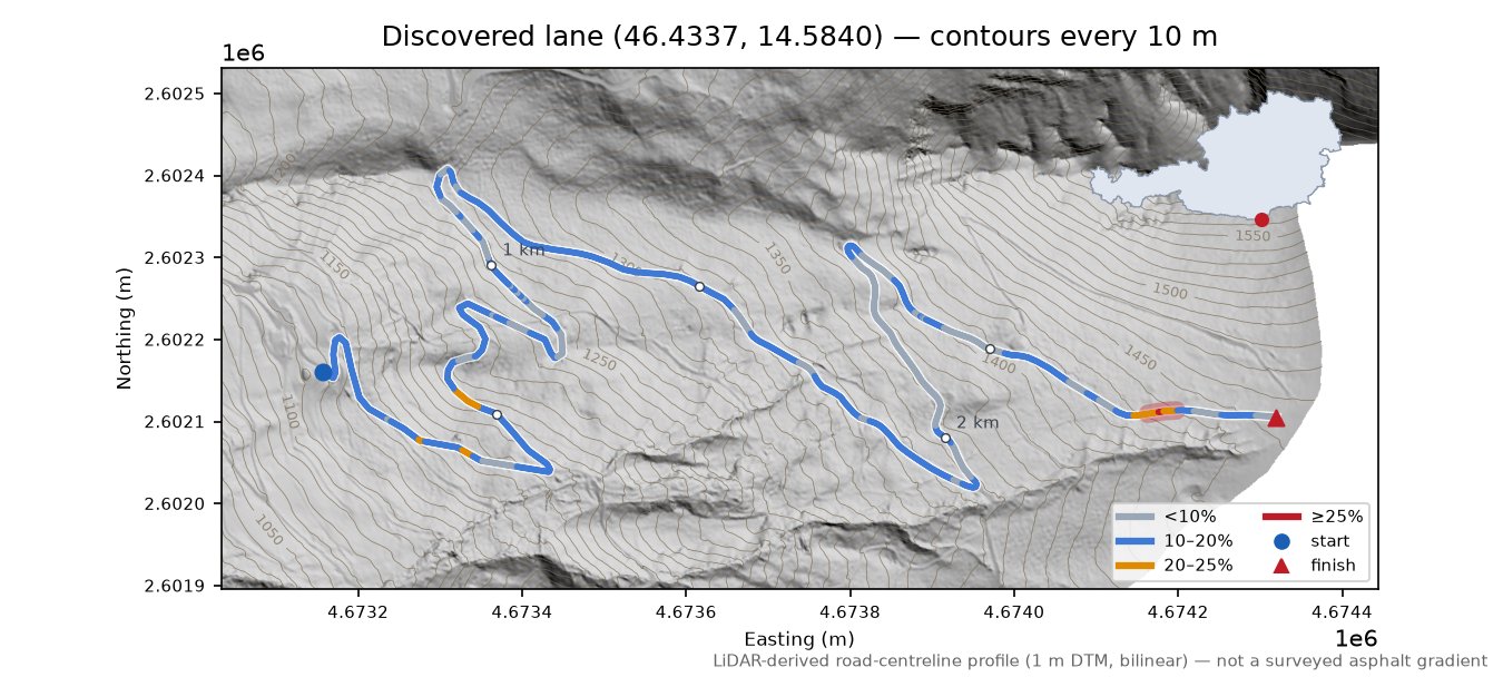Discovered lane (46.4337, 14.5840) LiDAR hillshade map with contours