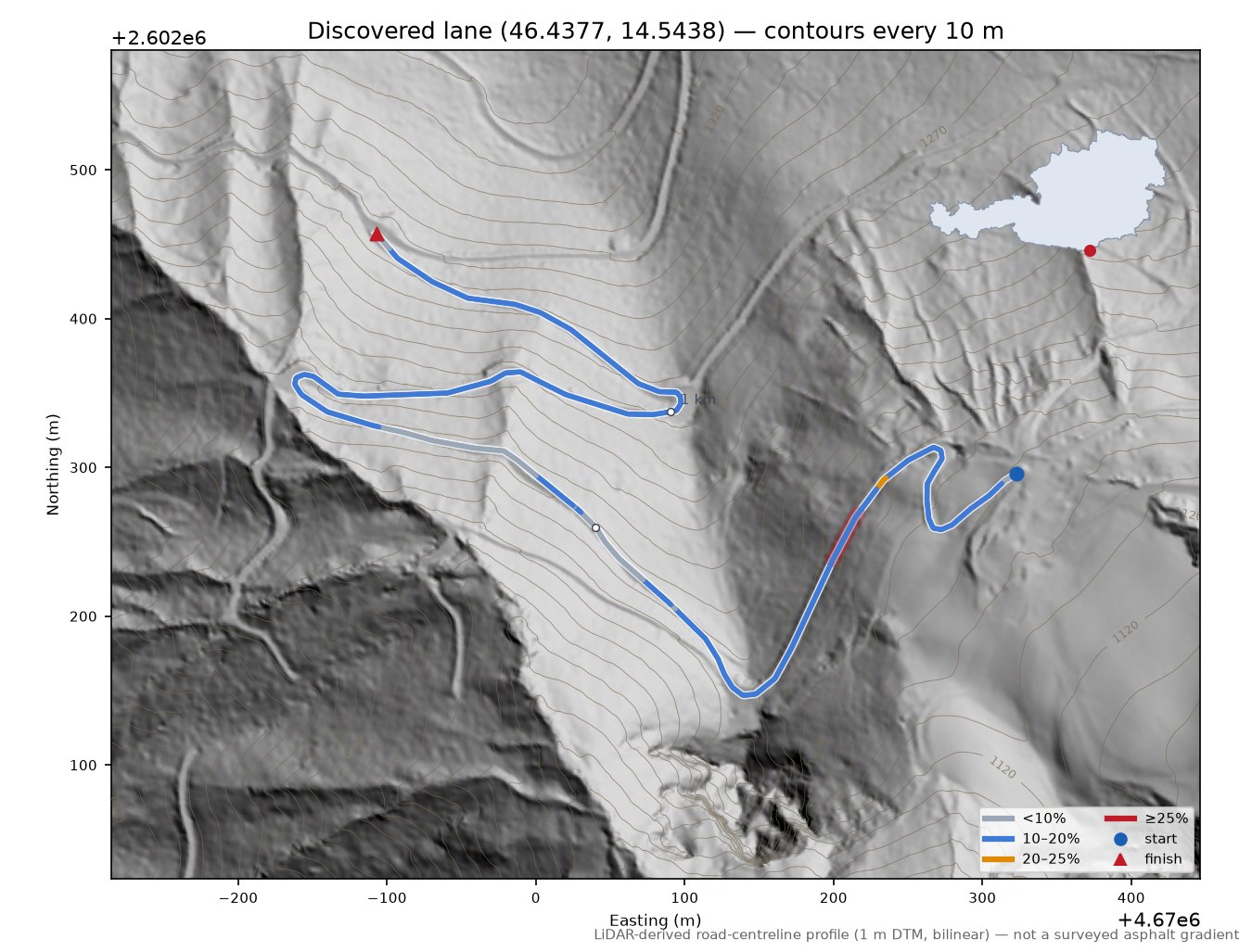 Discovered lane (46.4377, 14.5438) LiDAR hillshade map with contours