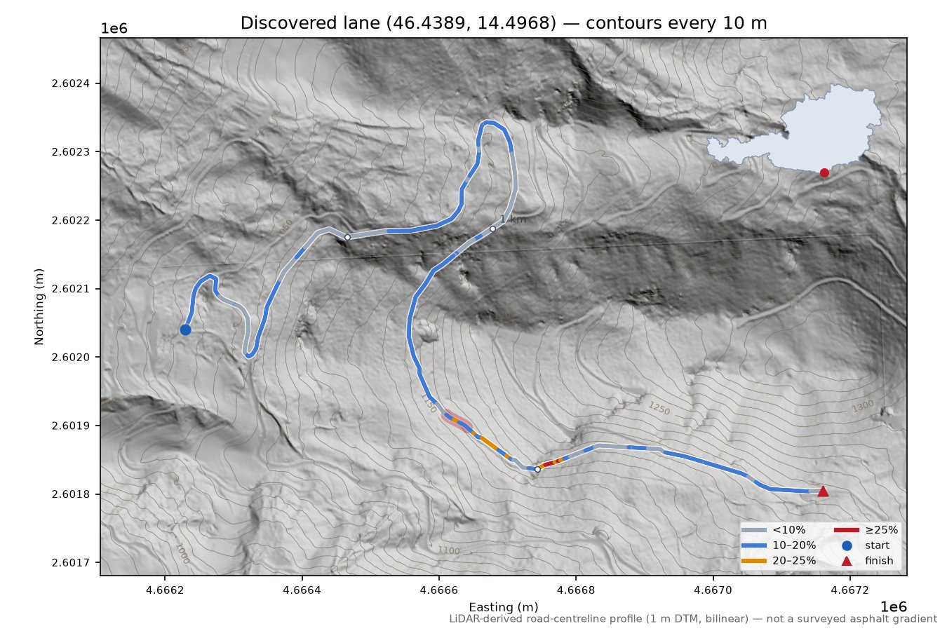 Discovered lane (46.4389, 14.4968) LiDAR hillshade map with contours
