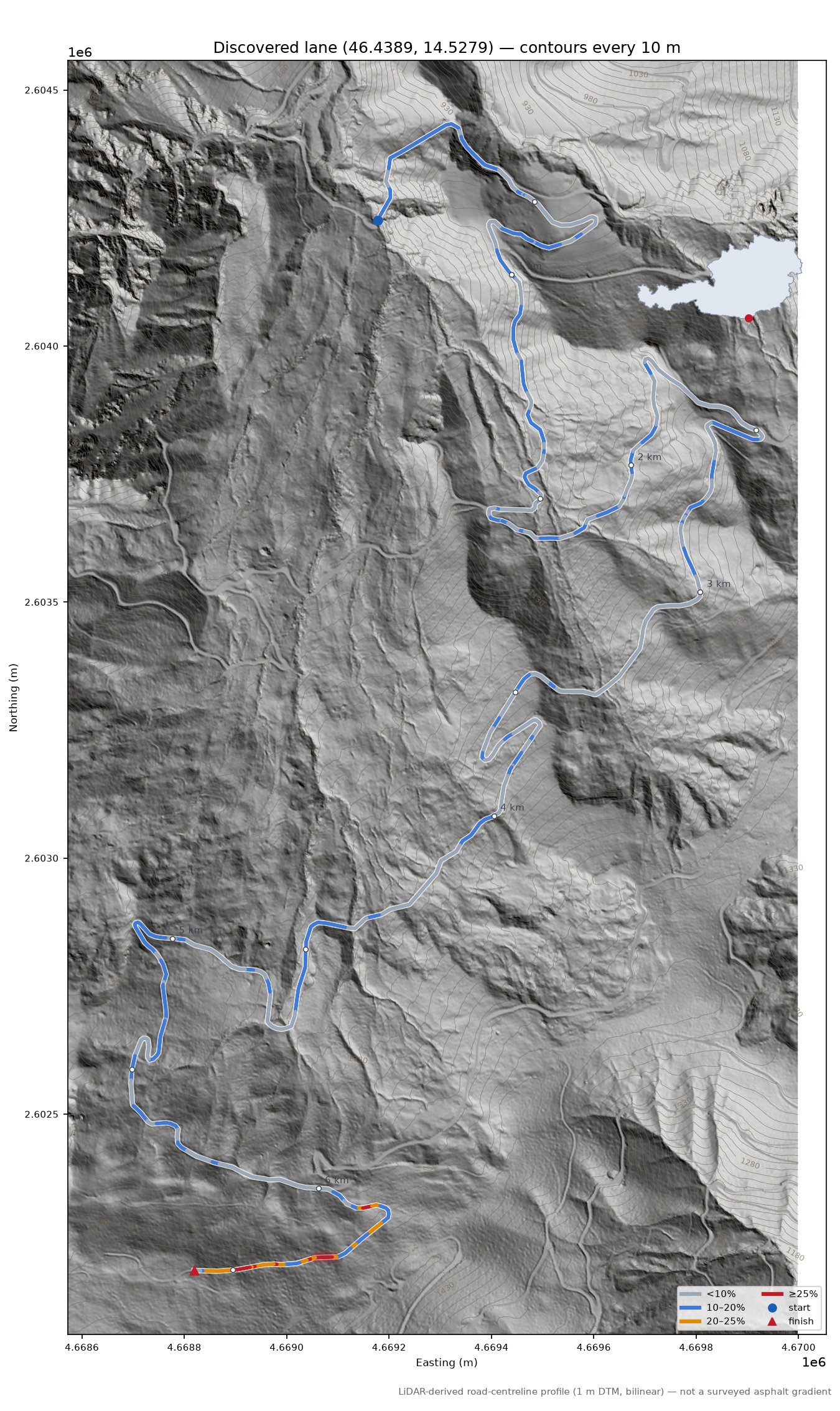 Discovered lane (46.4389, 14.5279) LiDAR hillshade map with contours