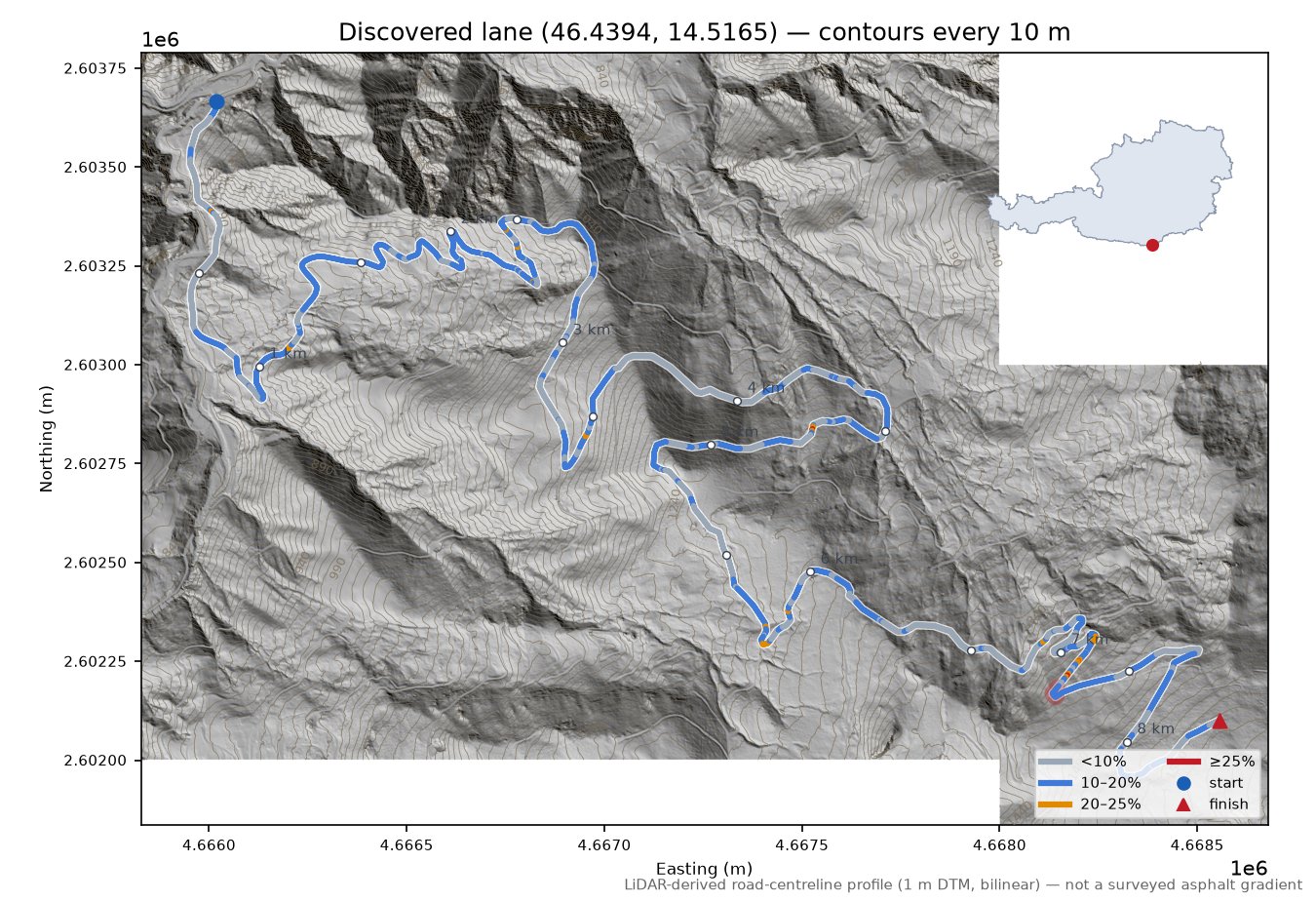 Discovered lane (46.4394, 14.5165) LiDAR hillshade map with contours