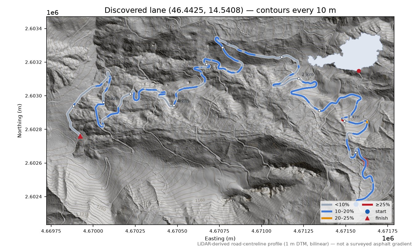 Discovered lane (46.4425, 14.5408) LiDAR hillshade map with contours